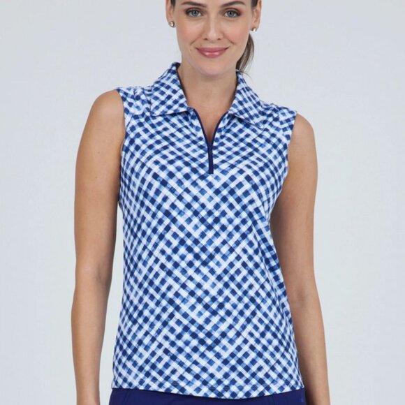 NWT IBKUL Gingham Check Navy White Sleeveless Polo Women's Large - Picture 1 of 6
